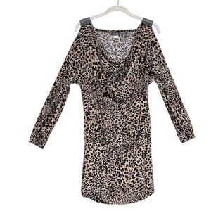 Dots Slit Sleeve Leopard Print Rhinestone Drape Mini Dress in Brown/Black - Sz L